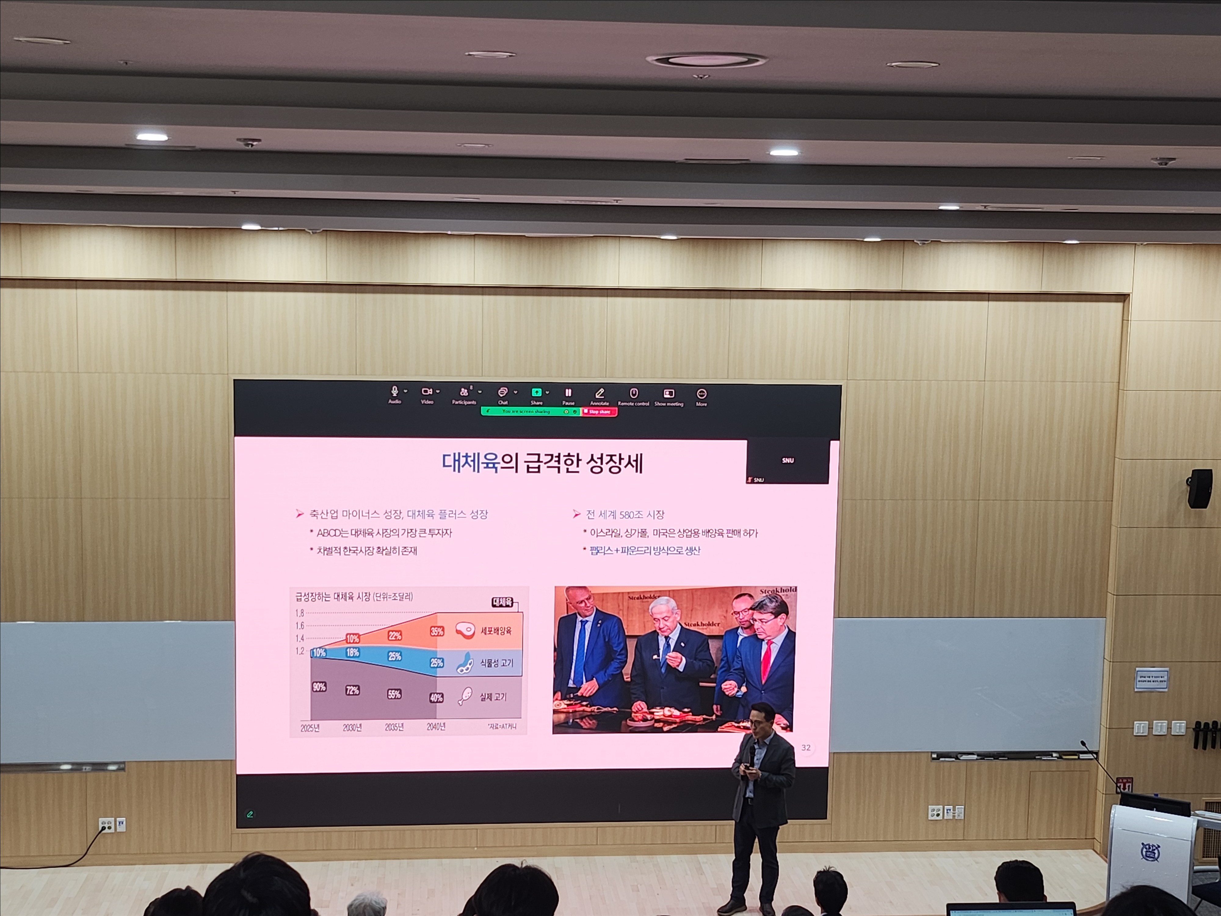  - 운영일시: 2025.6.5.(수) 14:30~16:00 - 운영장소: 서울대학교 관악캠퍼스 75동 B121호 대형강의실 - 참여인원: 그린바이오 분야에 관심있는 서울대 학생 68명 - 운영내용: 미래 농생명 기술 동향에 대한 특강 제공(이주량 선임연구위원) 